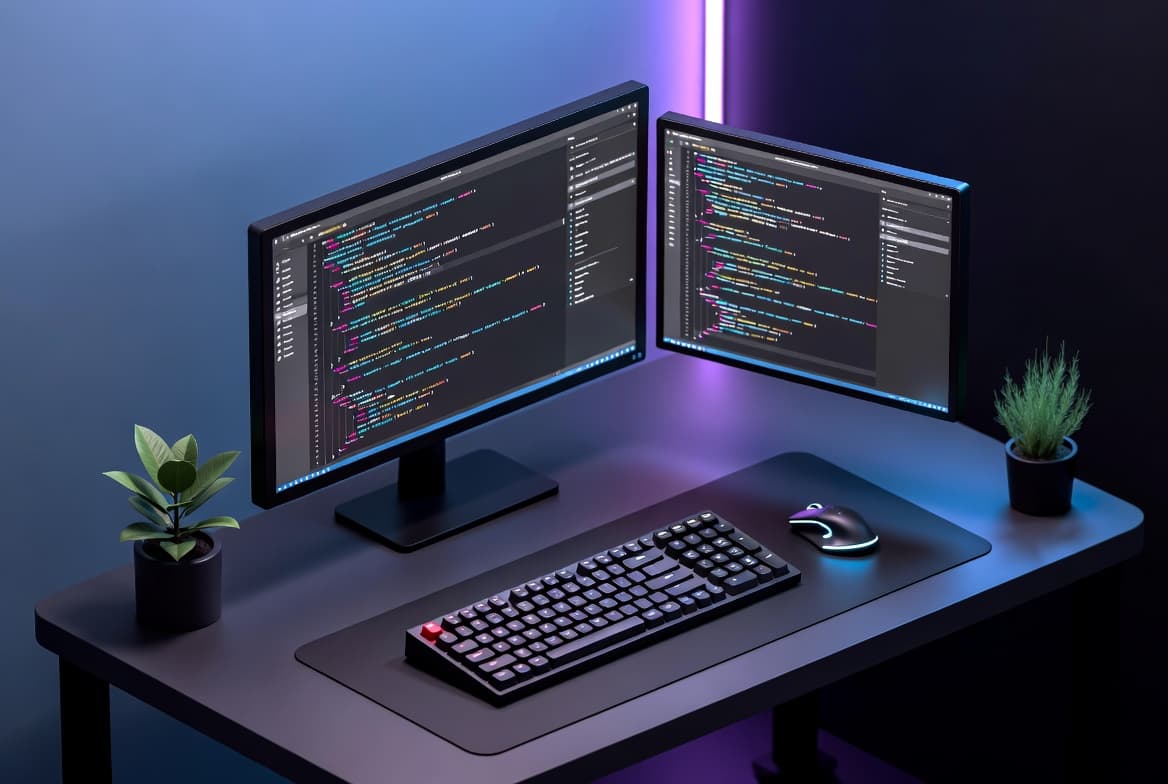 Futuristic developer workspace with floating holographic code